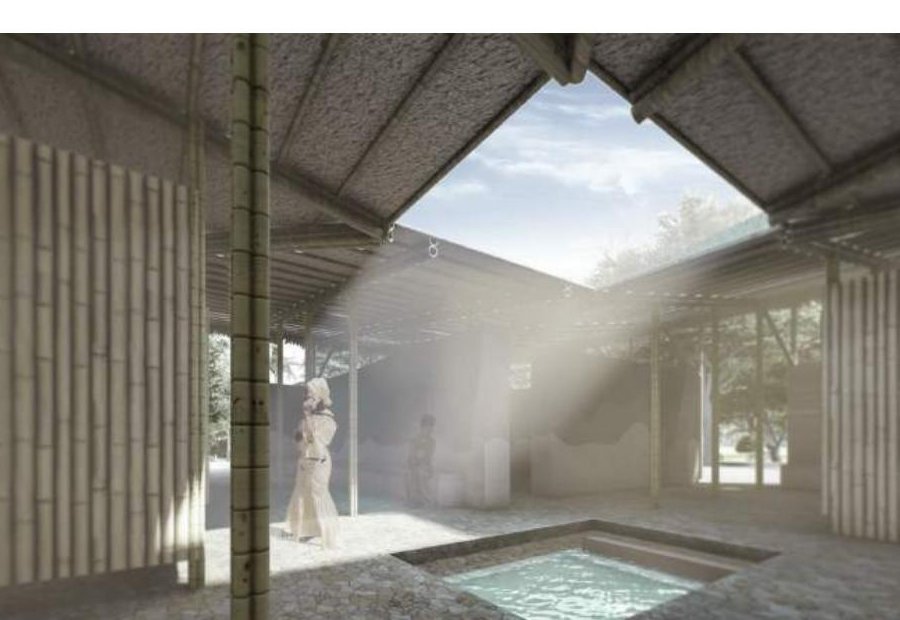 Interior view of the central courtyard with bamboo columns and a water pool