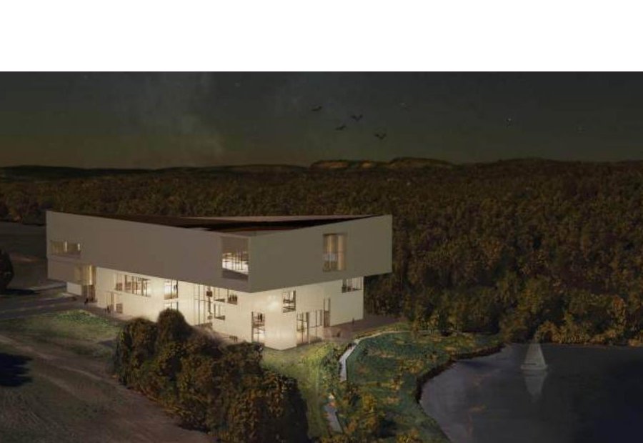 Night render of the museum sitting at the edge of a forest and lake