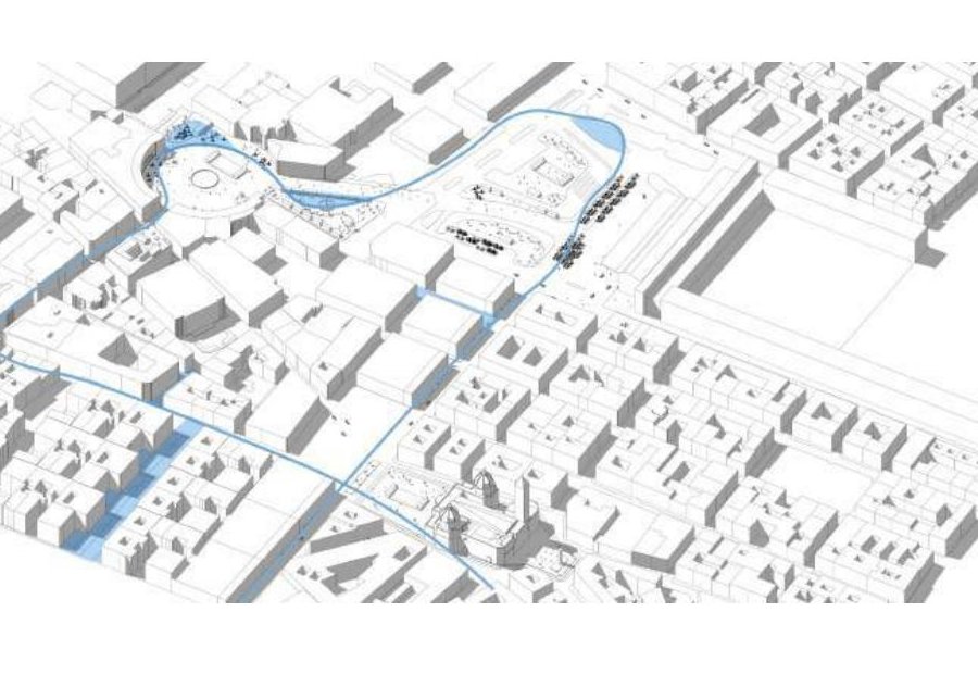 Aerial axonometric showing proposed loops weaving through central Rome