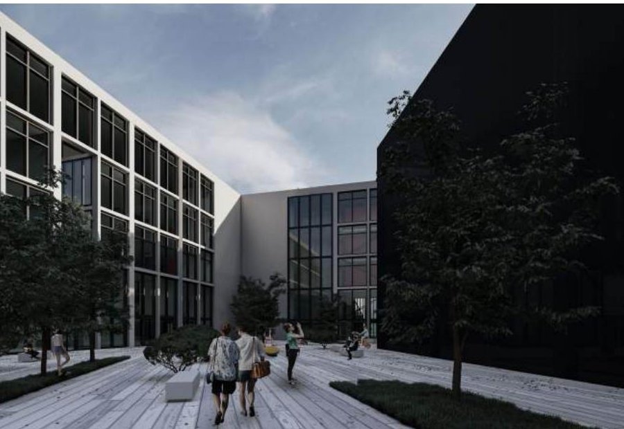 Render of the school courtyard with students walking past dark and white volumes