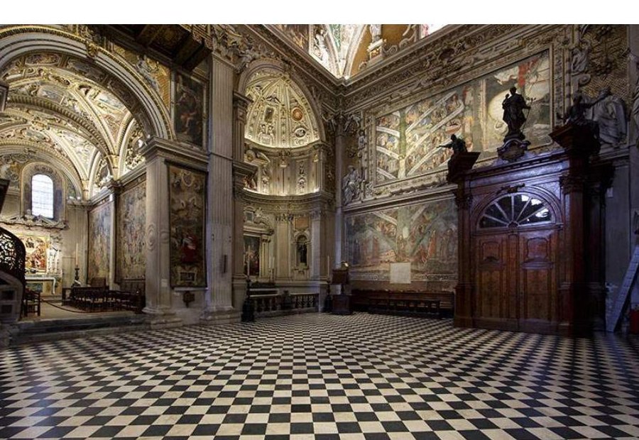 Interior of the Loggia delle Benedizioni at Santa Maria Maggiore, checkerboard floor and frescoed walls